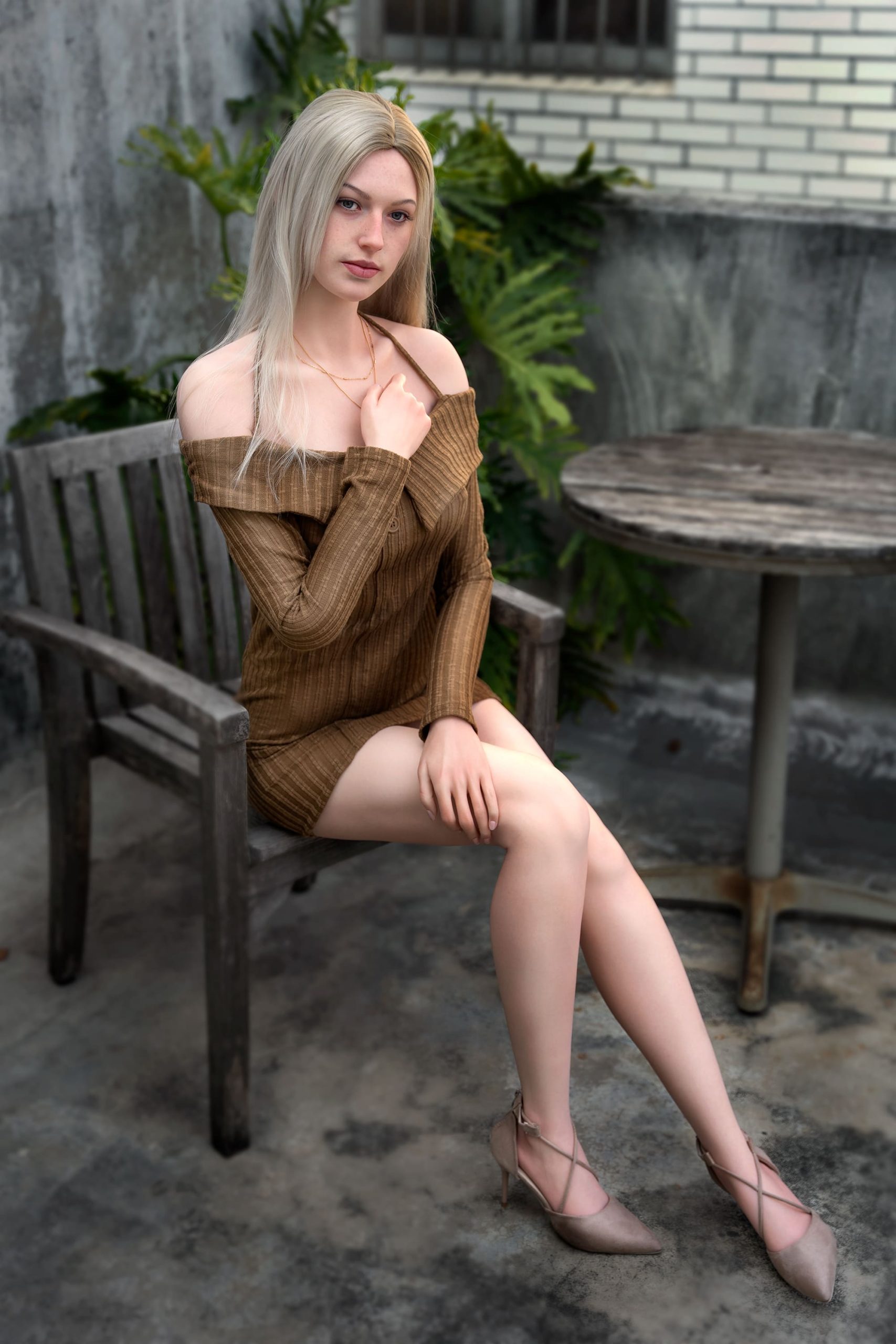 Секс-кукла Evelina фото 11 - SexDolls.com.ua Секс кукла Evelina сидит на деревянном стуле